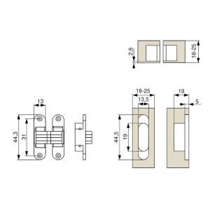Stolový závěs skrytý 13x44,3 mm, 180°, chrom satén