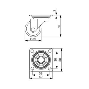 Kolečko nábytkové 35mm, plotnička 50x50 mm, transparentní bílá