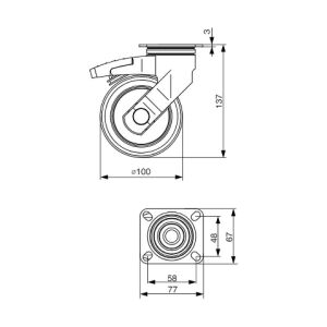 Kolečko nábytkové D100, plotnička 77x67 mm, brzda, šedá