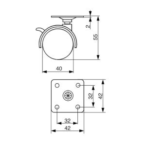 Kolečko nábytkové 40mm, plotnička 42x42x2 mm, brzda, černá, 30kg
