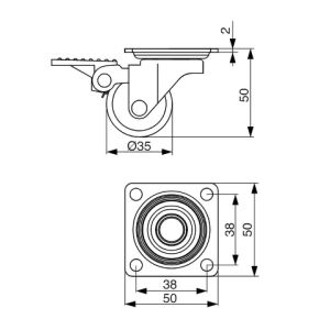 Kolečko nábytkové 35mm, plotnička 50x50 mm, brzda, transparentní bílá, 25kg