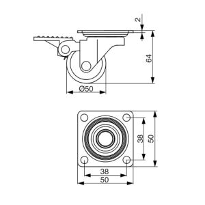 Kolečko nábytkové  50mm, plotnička 50x50 mm, brzda, transparentní bílá, 40kg