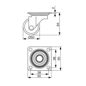 Kolečko nábytkové 50mm, plotnička 50x50 mm, transparentní bílá, 35kg