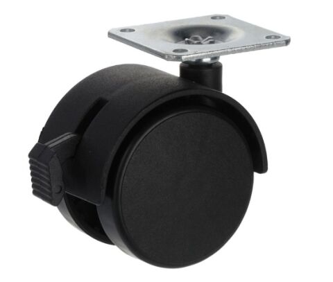 Kolečko nábytkové 50mm, plotnička 42x42x2 mm, brzda, černá, 40kg